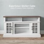 BELLEZE 58 Inch TV Stand, Rustic Wood Entertainment Center for TVs up to 65", Contemporary Media Console Table with Two Open Shelves and Glass Door Cabinets - Astorga (White)