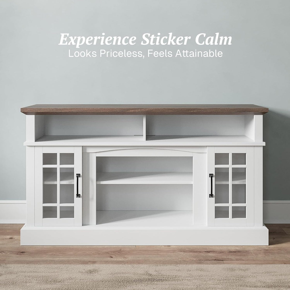 BELLEZE 58 Inch TV Stand, Rustic Wood Entertainment Center for TVs up to 65", Contemporary Media Console Table with Two Open Shelves and Glass Door Cabinets - Astorga (White)
