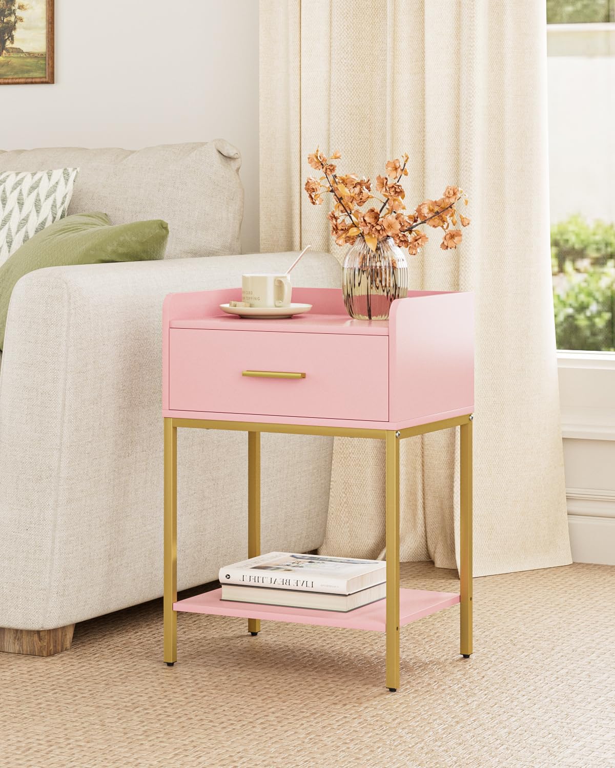 Nightstand, Modern Bedside Table with Drawer and Legs,Pink and Gold Night Stand with Open Shelf, Narrow Side Table for Bedroom, Living Room