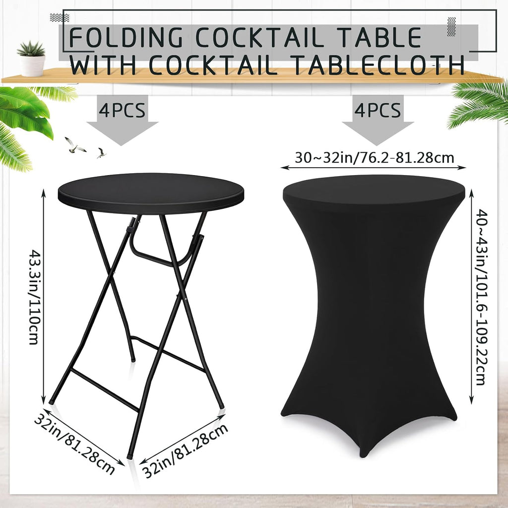 Wenqik 4 Sets 32"x43" High Top Folding Cocktail Tables & Cover,Black | Bar Height Portable Stands with Spandex Covers, Removable Legs for Easy Storage, Ideal for Parties Weddings Events