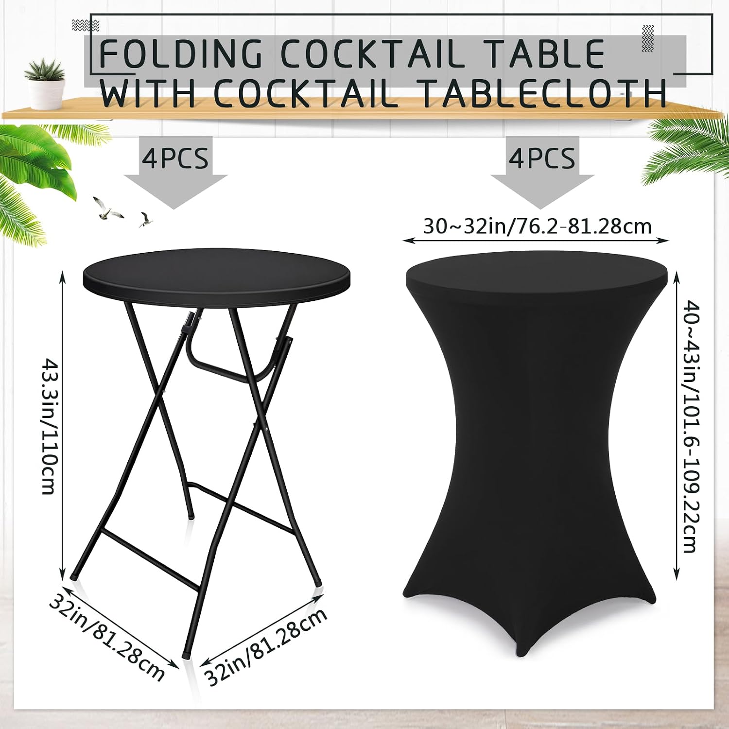 Wenqik 4 Sets 32"x43" High Top Folding Cocktail Tables & Cover,Black | Bar Height Portable Stands with Spandex Covers, Removable Legs for Easy Storage, Ideal for Parties Weddings Events