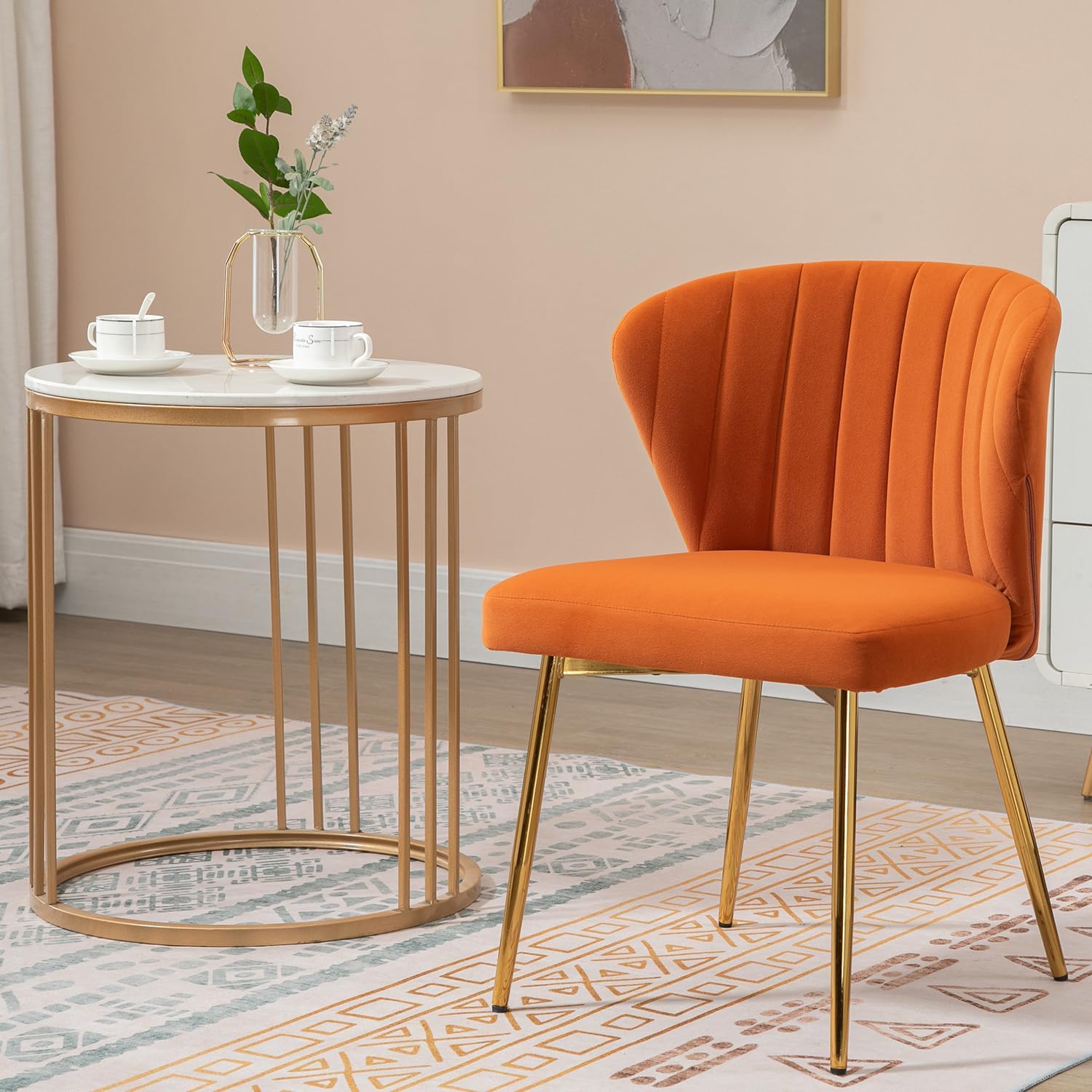 Velvet Dining Chairs Set of 2, Modern Upholstered Vanity Chairs with Golden Metal Legs for Dining Room Kitchen Vanity Patio (Orange)