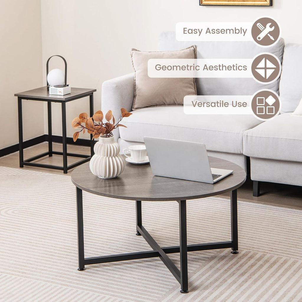 COSTWAY Coffee Table Set of 3, Wood Grain Round Coffee Table and 2 Square End Side Tables with Metal Frame, Modern 3-Piece Living Room Tables Set for Small Space, Apartment (Gray & Black)