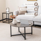 COSTWAY Coffee Table Set of 3, Wood Grain Round Coffee Table and 2 Square End Side Tables with Metal Frame, Modern 3-Piece Living Room Tables Set for Small Space, Apartment (Gray & Black)