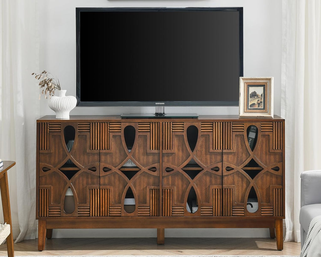 LKTART 60" Mid Century Modern Sideboard Buffet with Hollow Carved Doors and Outlet Holes,Vintage Accent Cabinet Credenzas Storage Cabinet Walnut