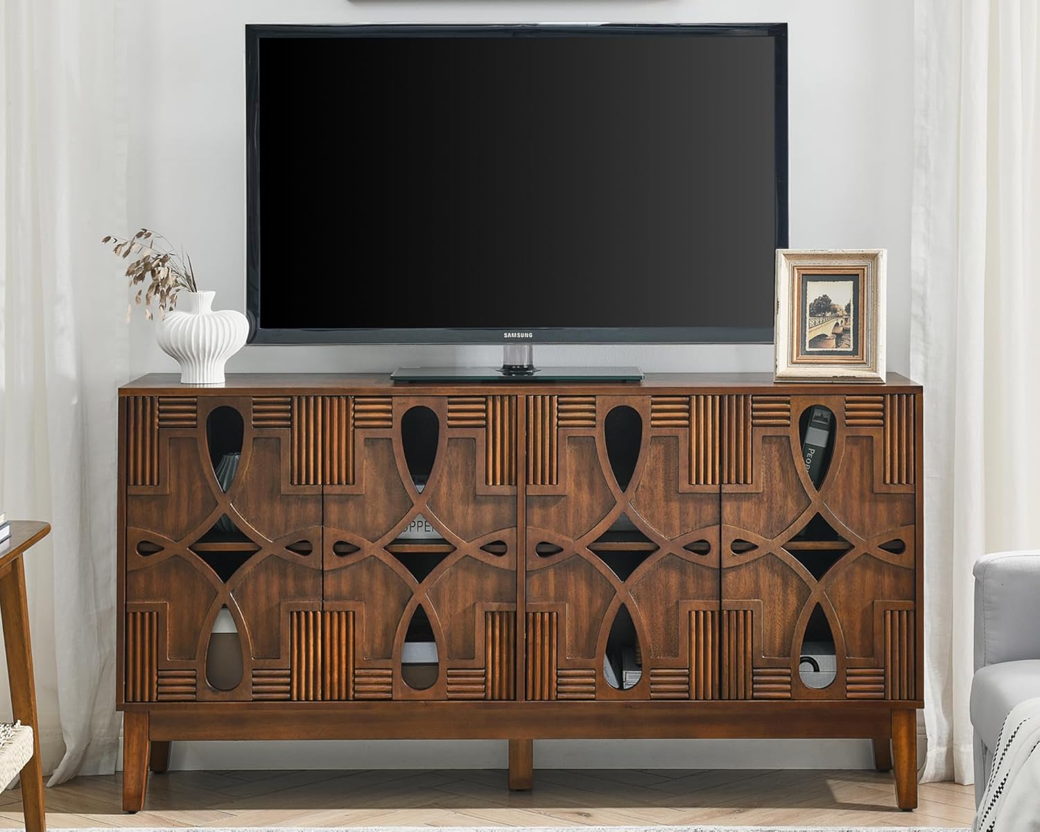 LKTART 60" Mid Century Modern Sideboard Buffet with Hollow Carved Doors and Outlet Holes,Vintage Accent Cabinet Credenzas Storage Cabinet Walnut
