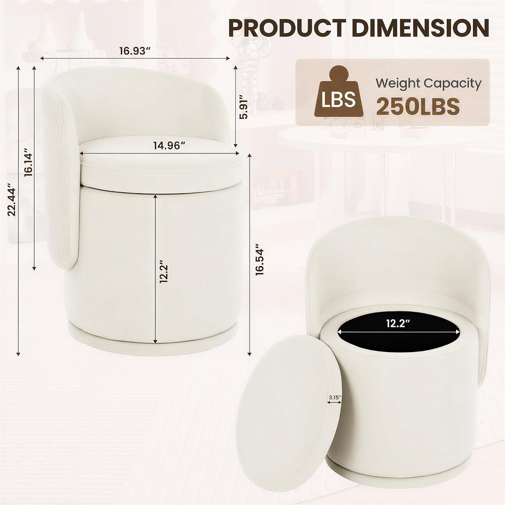 MALOL Ottoman with Storage, Swivel Vanity Stool with Back | 13GAL Velvet Makeup Stool with Reversible Lid, Multi-Functional Makeup Footstool for Bedroom, Beige