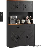 IDEALHOUSE 71" Kitchen Pantry Storage Cabinet with Charging Station, Farmhouse Kitchen Hutch Cabinet with 2 Storage Drawers, Large Food Pantry with Microwave Stand for Dining Room,Living Room,Black