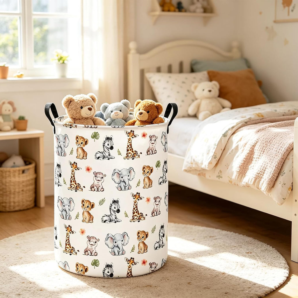 Round Jungle Wildlife Laundry Hamper, Cotton Canvas Storage Bin | Waterproof stain-resistant cotton canvas, reinforced hand grips, jungle wildlife print for bedroom, bath and dorm belongings