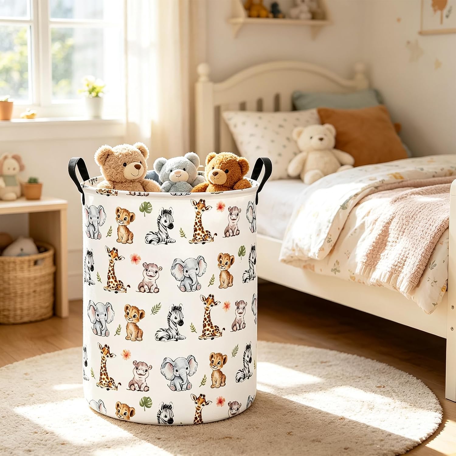 Round Jungle Wildlife Laundry Hamper, Cotton Canvas Storage Bin | Waterproof stain-resistant cotton canvas, reinforced hand grips, jungle wildlife print for bedroom, bath and dorm belongings