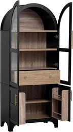 71'' Tall Arched Cabinet with Glass Doors, Farmhouse Kitchen Pantry Cabinet with Storage, China Cabinets with Adjustable Shelves, Hidden Drawer, Cupboard for Dining Room, Living Room (Black)