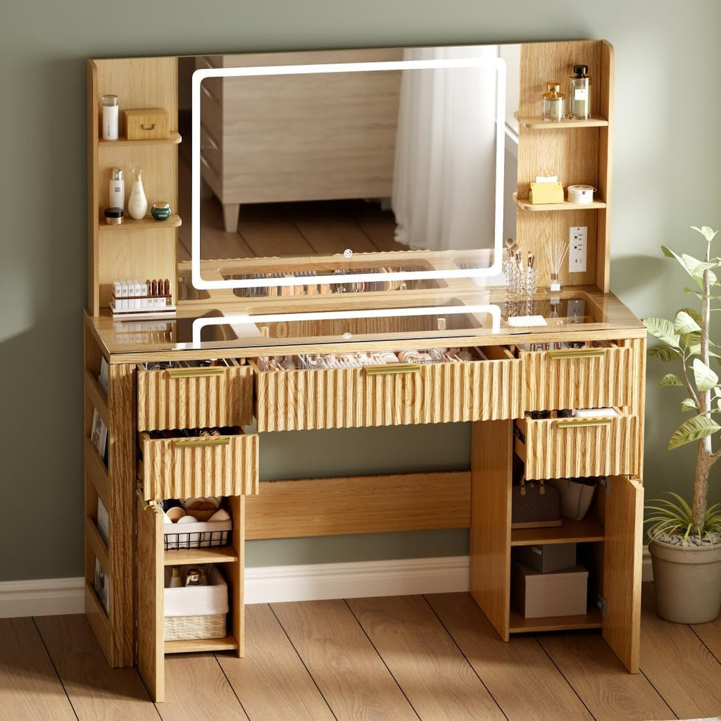 47.2" Fluted Makeup Vanity Desk with Large, 28.7" Mirror and Lights, 5 Drawer Vanity with Power Strip, 6 Open Shelves, 2 Cabinet, Modern Bedroom Vanity Featuring Visual Transparent Glass