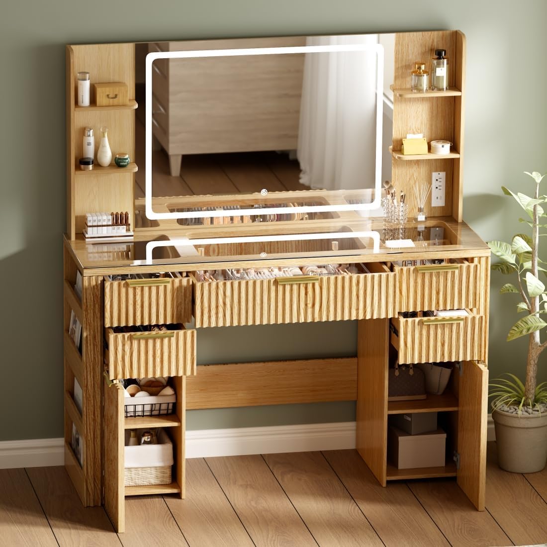 47.2" Fluted Makeup Vanity Desk with Large, 28.7" Mirror and Lights, 5 Drawer Vanity with Power Strip, 6 Open Shelves, 2 Cabinet, Modern Bedroom Vanity Featuring Visual Transparent Glass