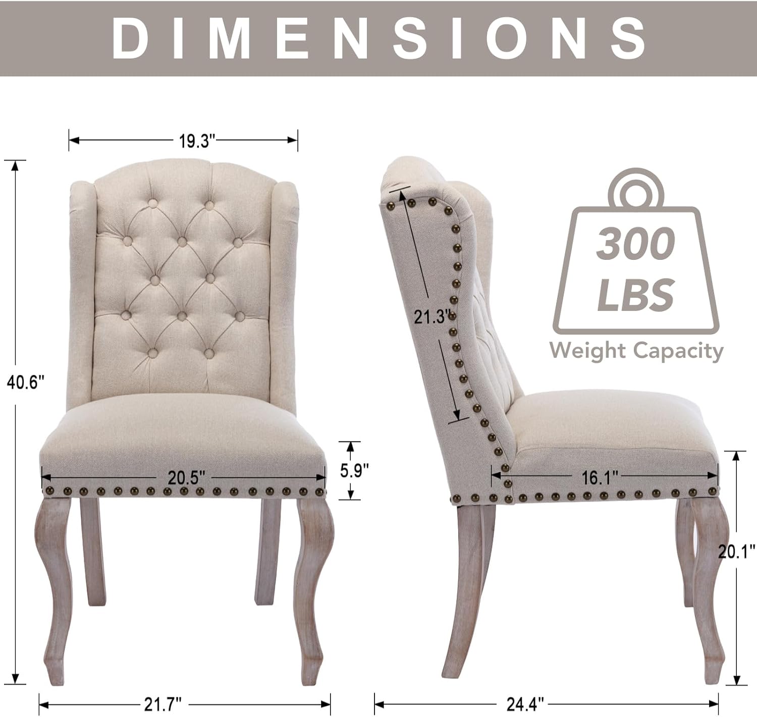chairus Tufted Parsons Dining Chairs Set of 6, French Country Upholstered Dining Room Chairs with Nailhead Trim & Curved Wood Legs, Farmhouse High Back Armless Side Kitchen Chairs, Beige Linen