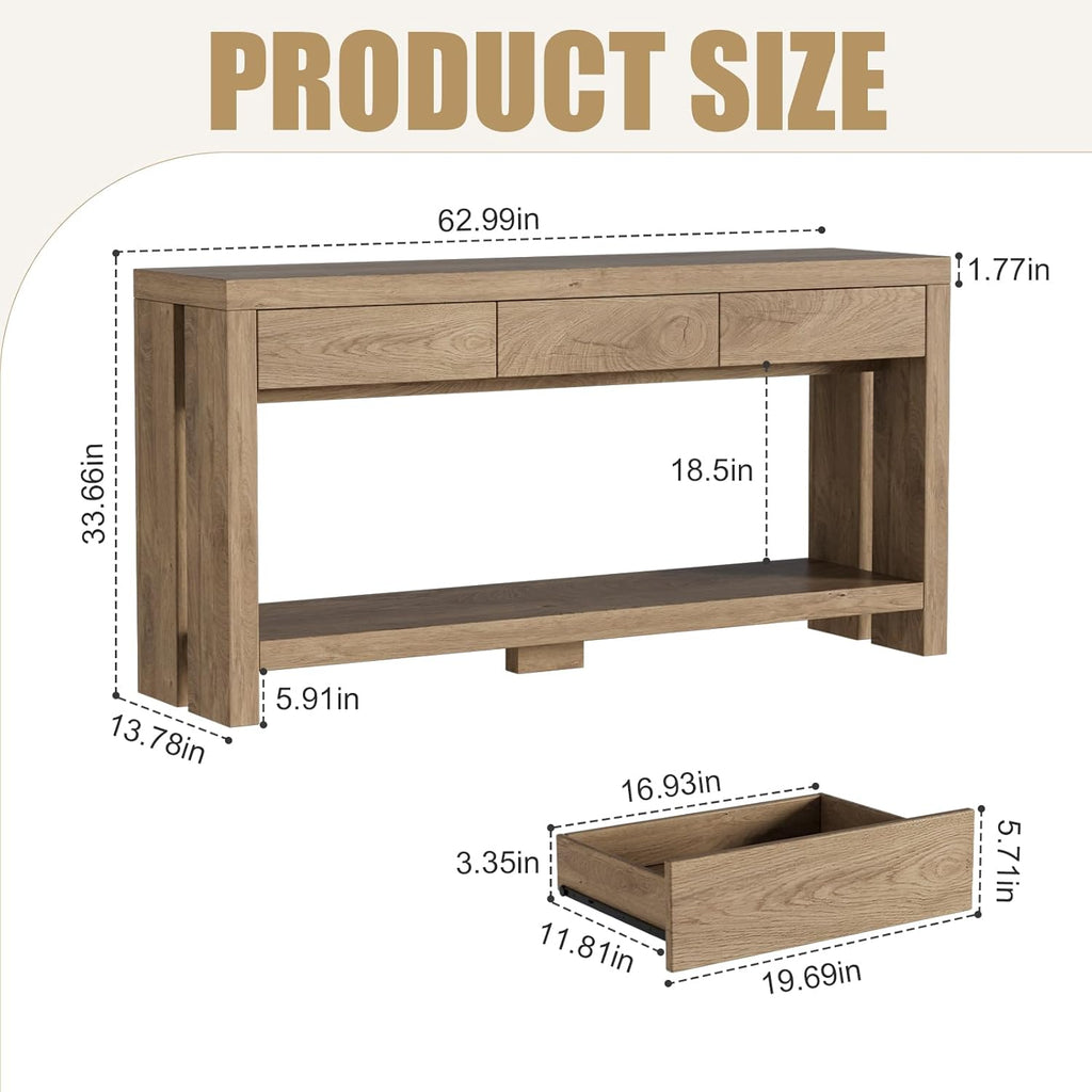 PAKASEPT 63'' Wood Console Table with Drawers, Farmhouse Entryway Table with Open Storage Shelf,Couch Table Behind,Long Foyer Tables for entryway, Sofa for Living Room Hallway,Natural