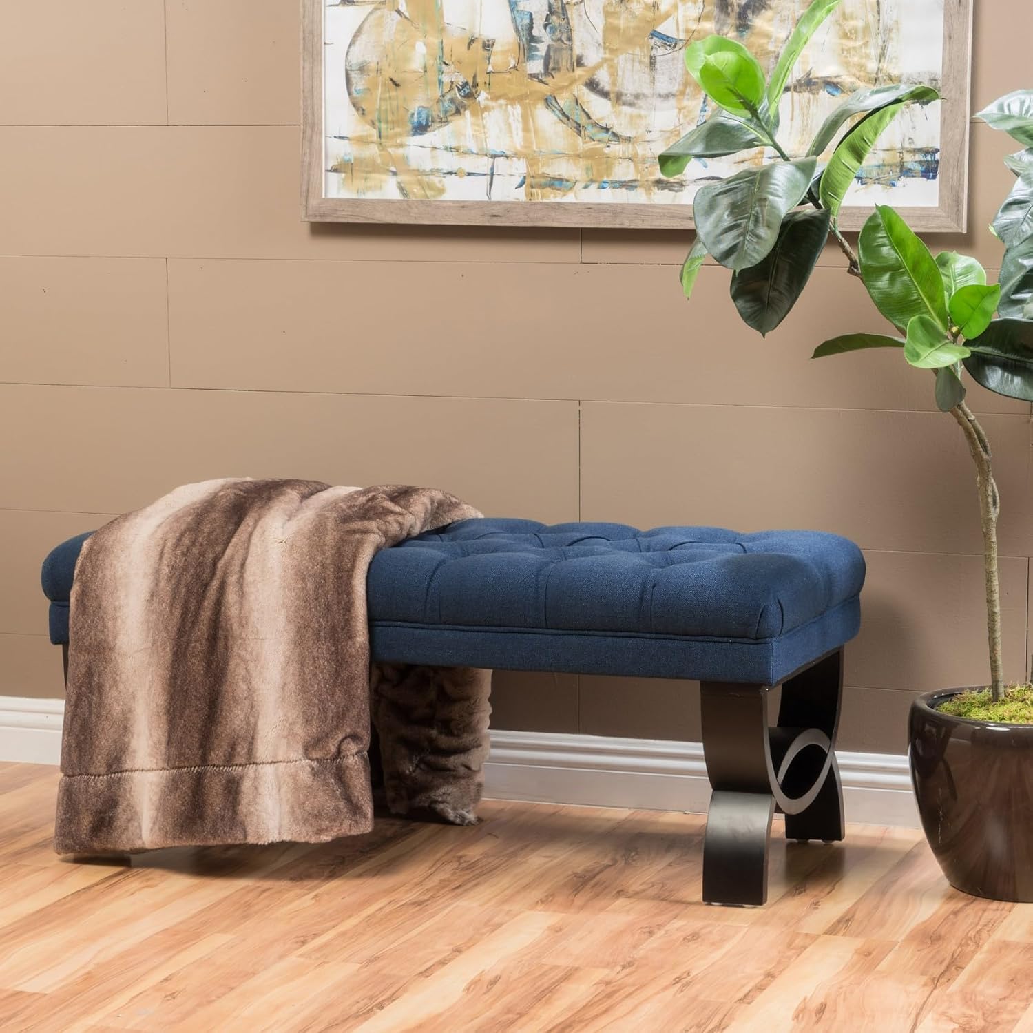 Merax 41” Upholstered Entryway Bench, End of Bed Ottoman Seat with Solid Wood Leg for Bedroom, Living Room, Indoor, Navy Blue