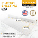 Plastic Sheeting 4 mil, 8' x 50' (400 sq.ft.), Pack of 6 - Thick Semi-Clear Plastic Sheeting for Construction, Painting, Drop Cloth, Slide&Slip - Heavy Duty LDPE Film Roll by IDL Packaging