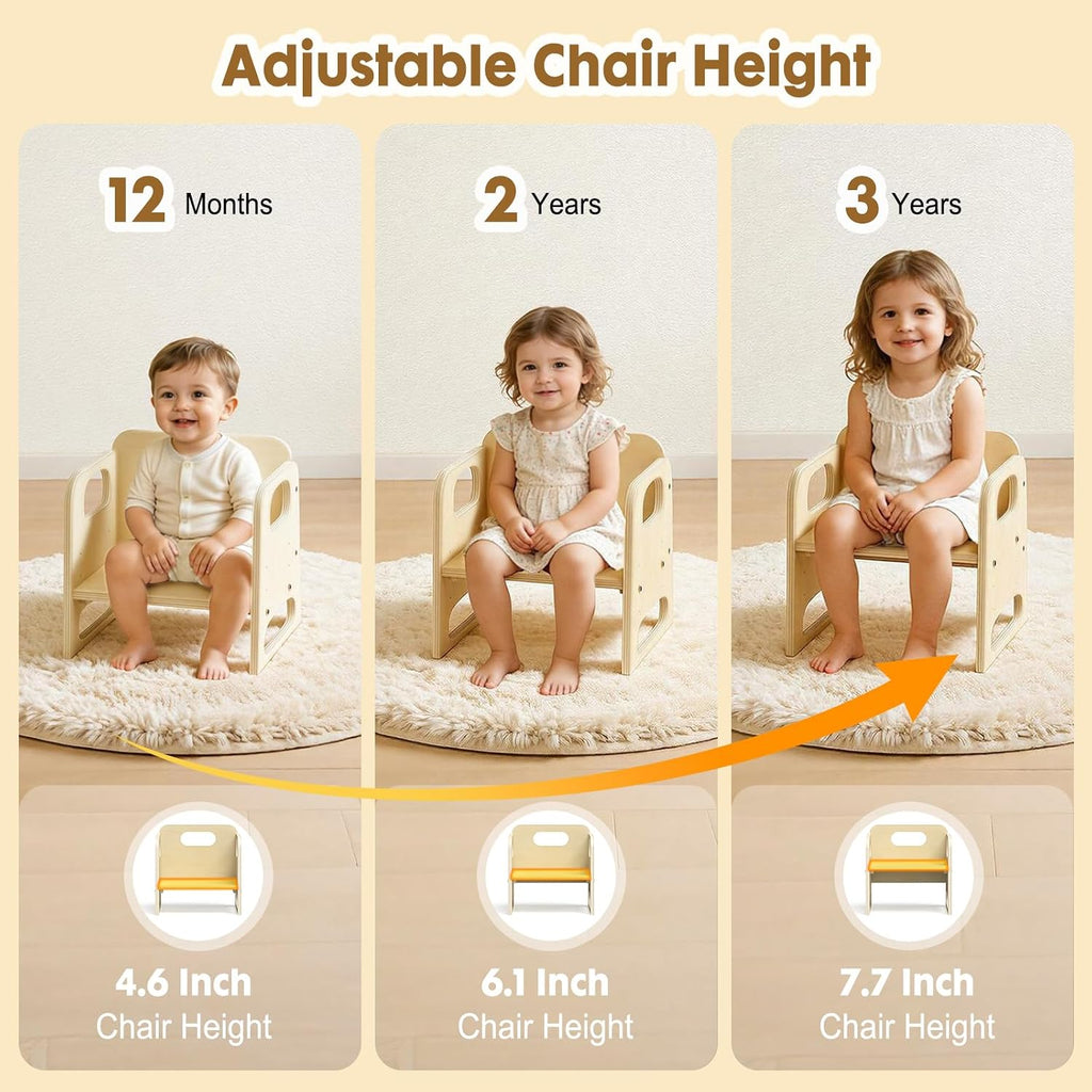 GVOO Montessori Weaning Table and Chair Set, 3 Adjustable Height Toddler Table and Chair Set, for Eating, Reading, Baby Proofing Design, Natural White