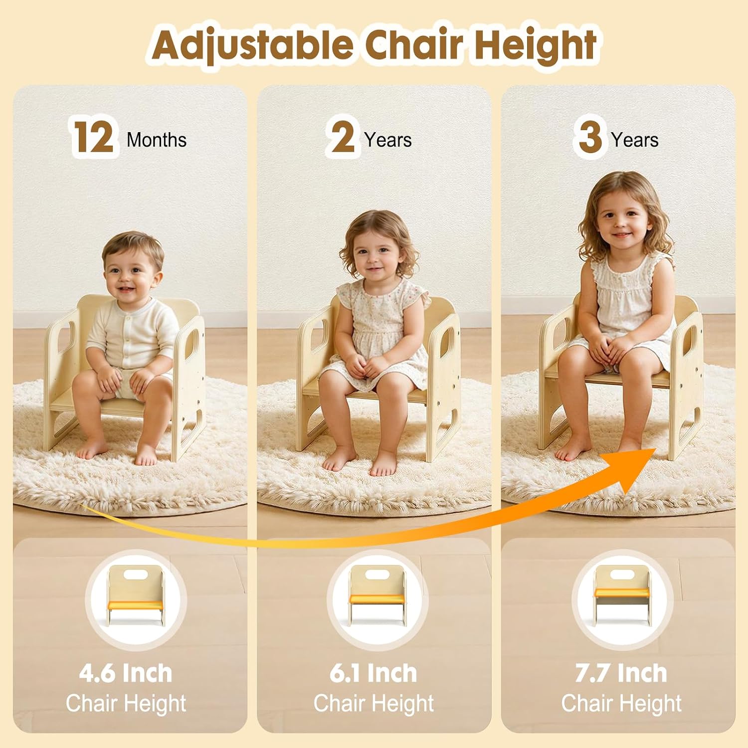 GVOO Montessori Weaning Table and Chair Set, 3 Adjustable Height Toddler Table and Chair Set, for Eating, Reading, Baby Proofing Design, Natural White