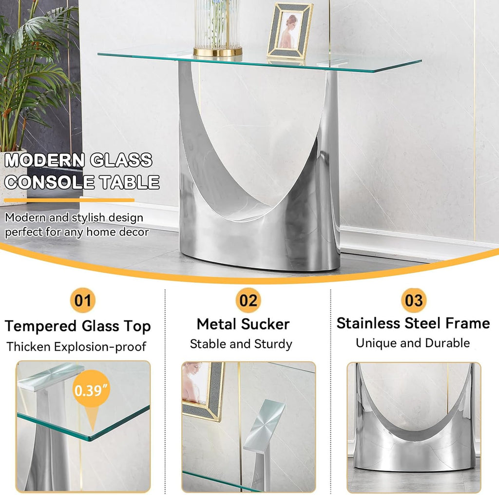 Luxury Silver Glass Console Table, Modern 47" Rectangle Entryway Table with Mirrored U-Shape Stainless Steel Base, Clear Glass Sofa Tables Behind The Couch Hallway Tables for Living Room