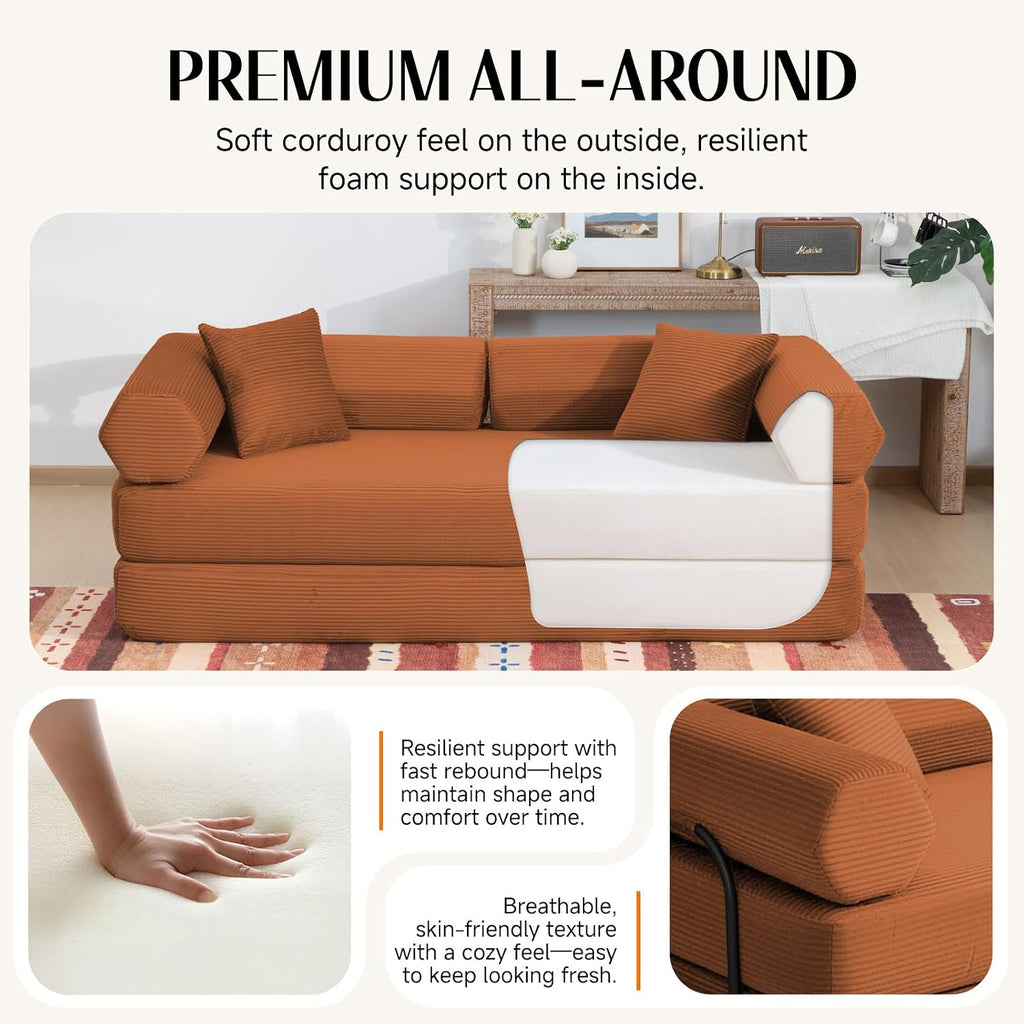 79" Corduroy Sofa Bed, Couch in a Box with 2 Pillows, High-Density Foam 4-in-1 Foldable Sleeper Futon Loveseat for Small Spaces, No Assembly, Side Pockets, Hex Arm Orange