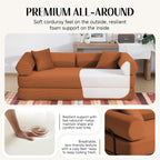 79" Corduroy Sofa Bed, Couch in a Box with 2 Pillows, High-Density Foam 4-in-1 Foldable Sleeper Futon Loveseat for Small Spaces, No Assembly, Side Pockets, Hex Arm Orange