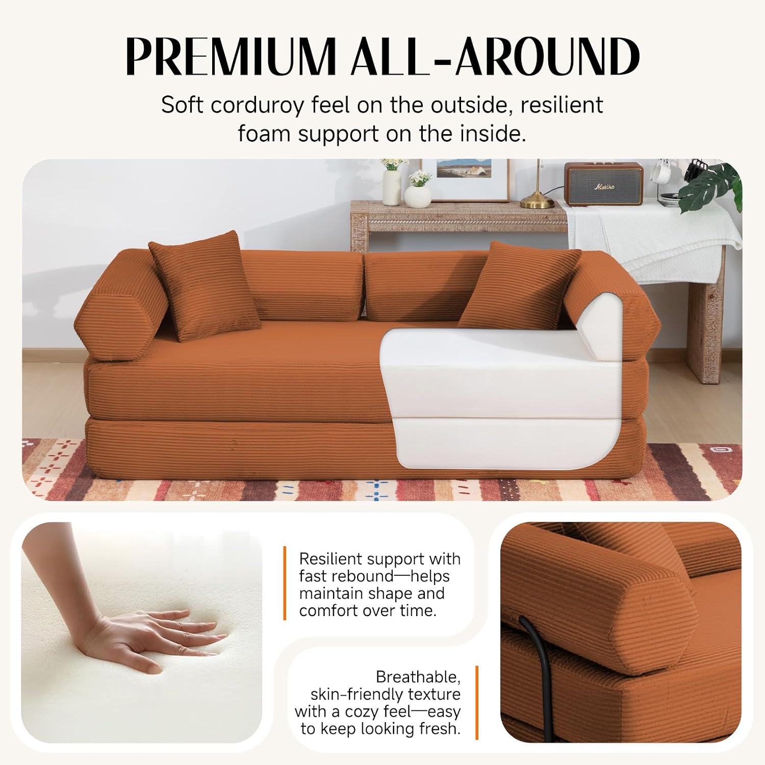 79" Corduroy Sofa Bed, Couch in a Box with 2 Pillows, High-Density Foam 4-in-1 Foldable Sleeper Futon Loveseat for Small Spaces, No Assembly, Side Pockets, Hex Arm Orange