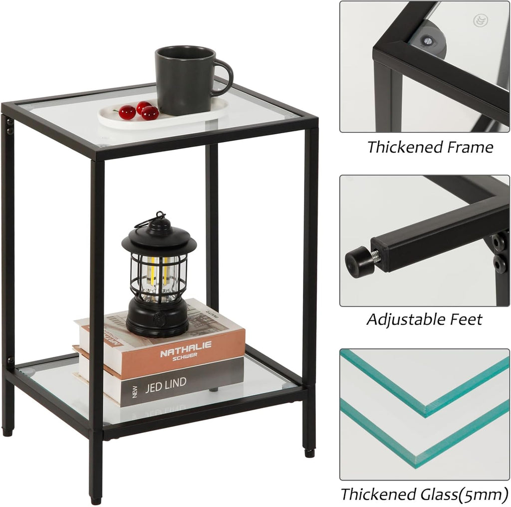 Gawicpy Modern 2-Tier Tempered Glass End Table - Stylish Black Metal Side Table for Small Spaces, Perfect for Living Room & Bedroom (Black, 1PCS)