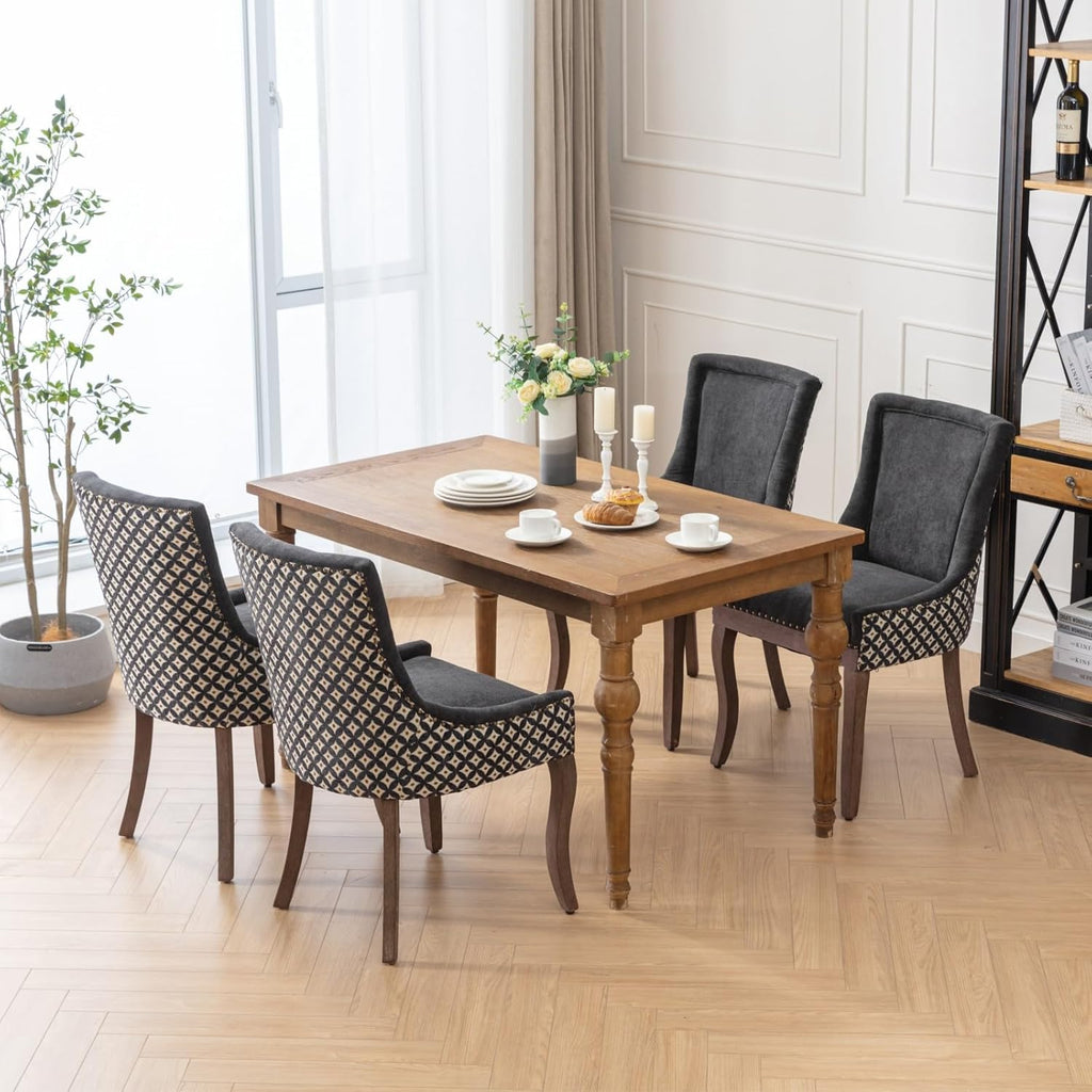 Modern Dining Chairs Set of 6, Fabric Upholstered High Back Chairs with Nailhead Trim and Curved Solid Wood Legs, Sillas de Comedor Accent Chairs for Dining Room, Black & Patterned