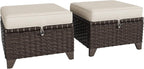 2 Pieces Patio All-Weather Wicker Ottomans with Cushions, PE Rattan Outdoor Conversation Furniture Set for Backyard, Deck, Lawn (Beige)