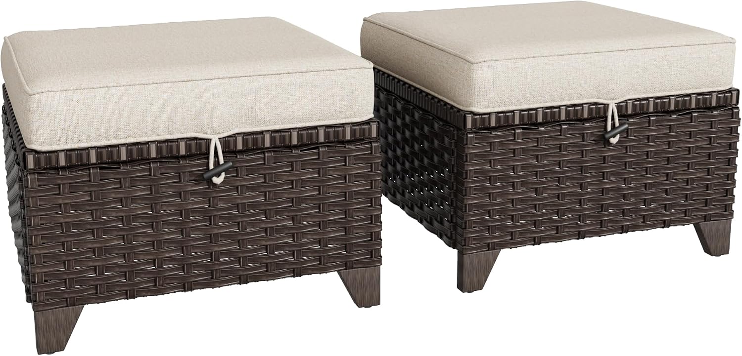 2 Pieces Patio All-Weather Wicker Ottomans with Cushions, PE Rattan Outdoor Conversation Furniture Set for Backyard, Deck, Lawn (Beige)