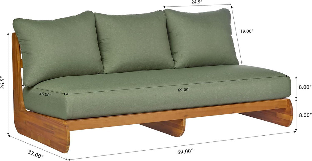 Merax Outdoor Acacia Wood Sofa with All-Weather Cushions, Patio Low 3-Seater Lounge Sofa for Porch, Lawn, Backyard, Balcony, Green+Teak