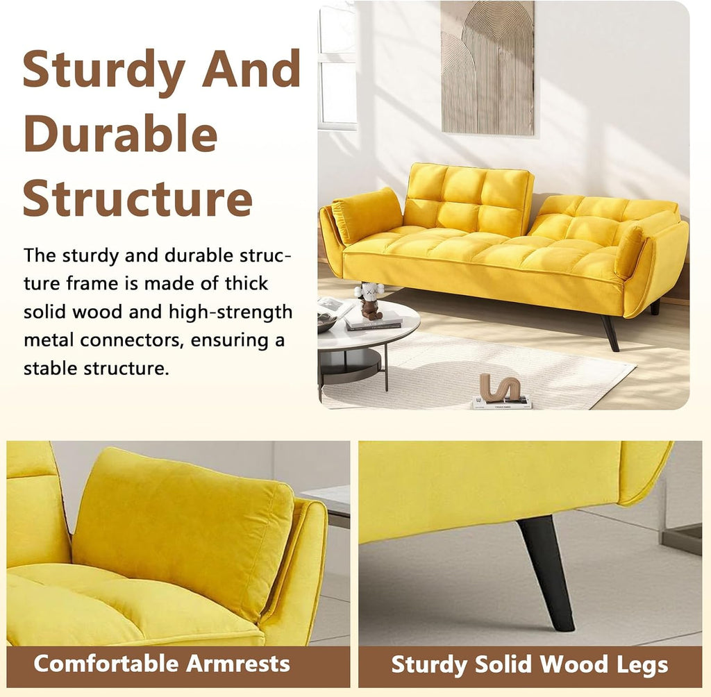 Convertible Folding Sofa Bed Futon,Modern Velvet Sleeper Bed Couches with 4 Adjustable Backrest Armrest,74"Comfy Recliner Sofa Loveseat with Chrome Legs for Living Room Apartment Small Home (Yellow)