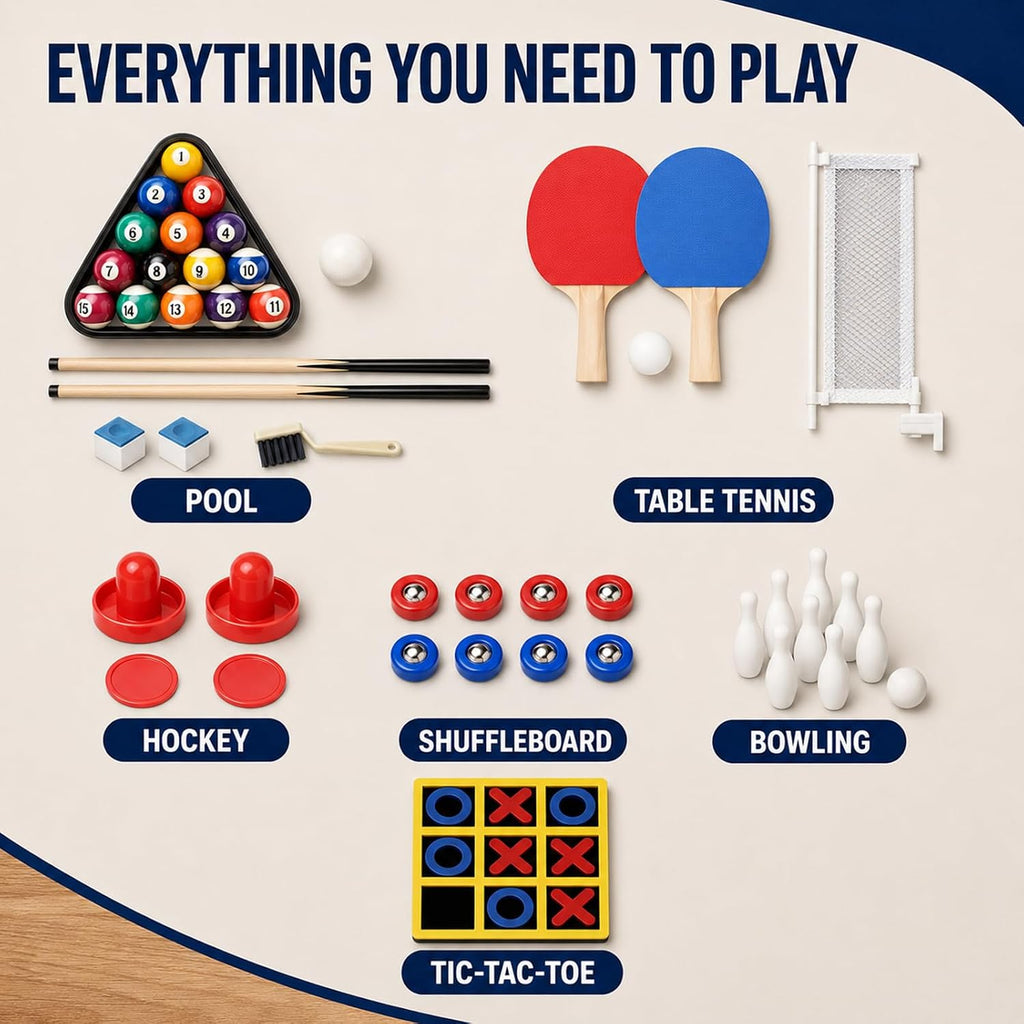 6 in 1 Multi Game Table Folding Pool Table, Billiard, Hockey, Table Tennis, Bowling, Shuffle Board and Tic Tac Toe with All Accessories