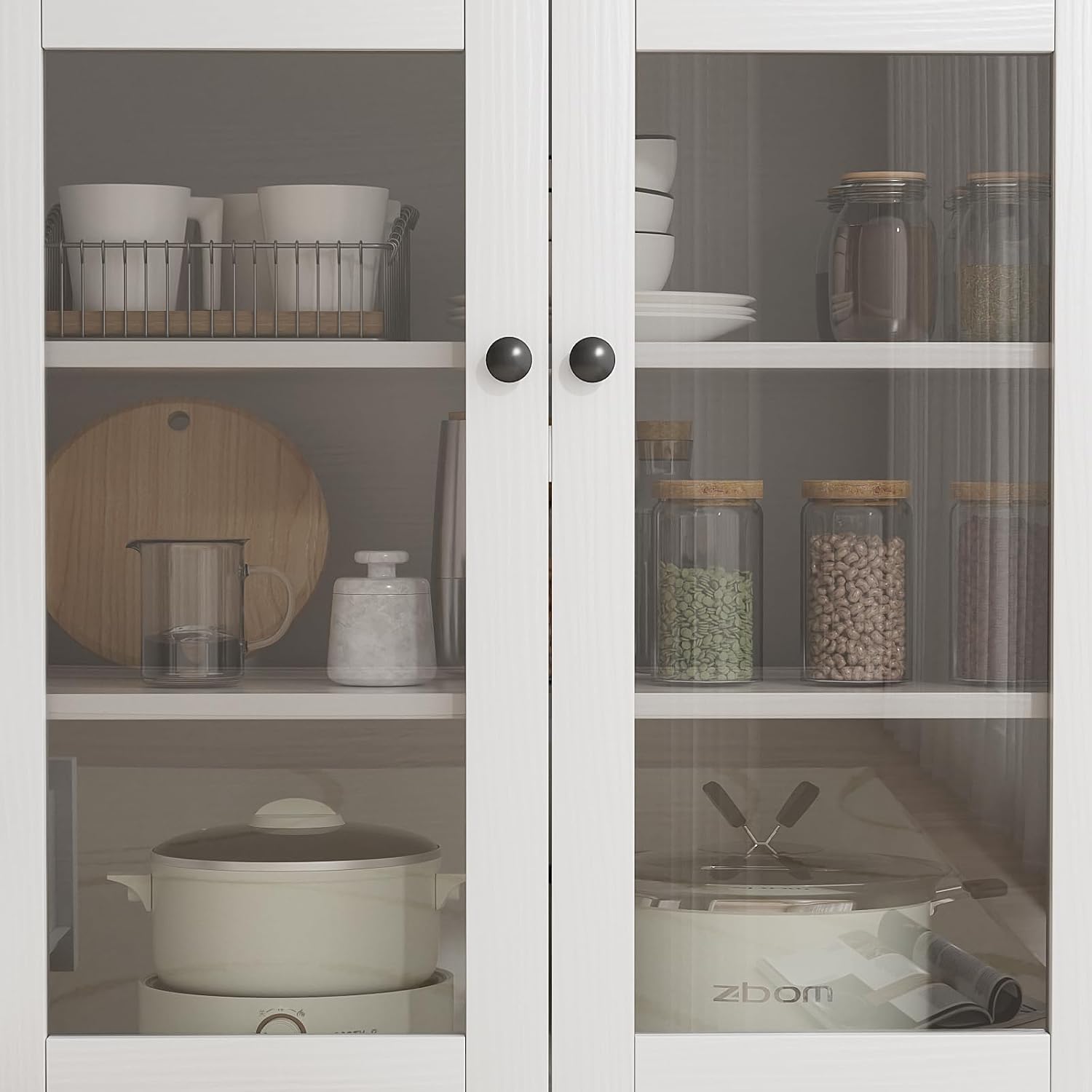 VOWNER Kitchen Hutch Storage Cabinet Microwave Shelf, Freestanding Pantry with 4 Glass Doors and 2 Drawers, Modern Sideboard Buffet Cabinet for Kitchen, Dining Room, Living Room, White