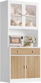 Keyluv 71" Tall Kitchen Pantry Storage Cabinet with Microwave Stand, Modern Kitchen Hutch with Countertop, Wood Coffee Buffet Hutch with Glass Doors, Drawer, Adjustable Shelves for Dining Room, Khaki