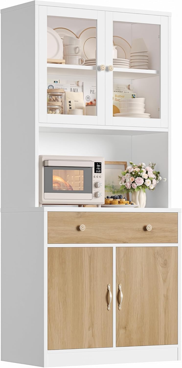 Keyluv 71" Tall Kitchen Pantry Storage Cabinet with Microwave Stand, Modern Kitchen Hutch with Countertop, Wood Coffee Buffet Hutch with Glass Doors, Drawer, Adjustable Shelves for Dining Room, Khaki