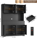 FINETONES 71" Tall Pantry Cabinet with LED Lights and Charging Station, 47.2" Wide Kitchen Pantry Storage Cabinet Kitchen Hutch with Microwave Stand, Tall Storage Cabinet for Living Room, Black