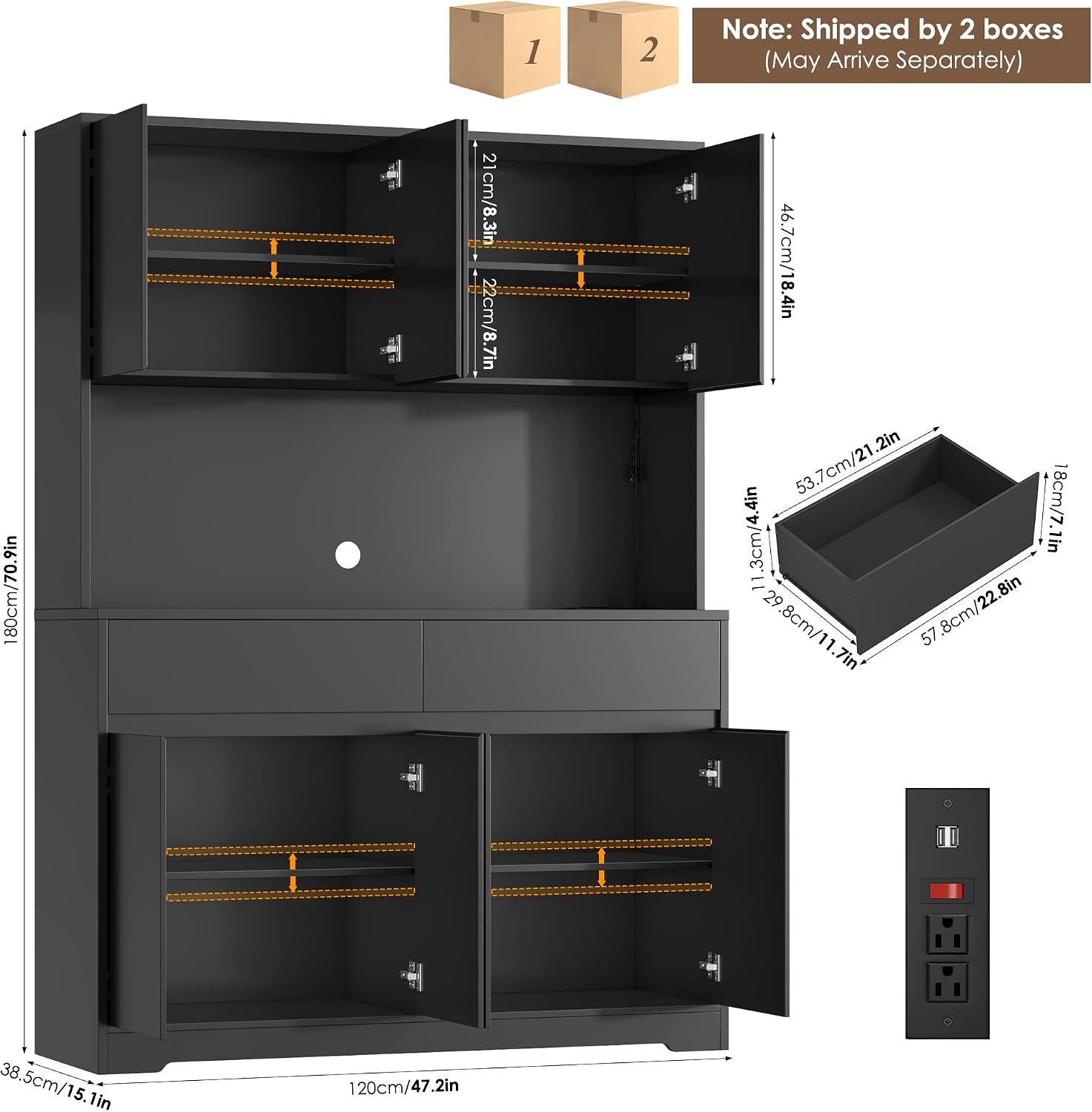 FINETONES 71" Tall Pantry Cabinet with LED Lights and Charging Station, 47.2" Wide Kitchen Pantry Storage Cabinet Kitchen Hutch with Microwave Stand, Tall Storage Cabinet for Living Room, Black