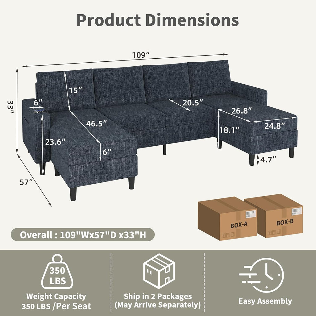 Sectional Couches for Living Room, 6-Seats Soft Linen Fabric Sectional Sofa with Storage Ottoman, Modern Convertible U/L Shaped Couch with Smart Charging Module/LED Light/Music Sync (Blue)