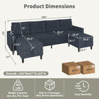 Sectional Couches for Living Room, 6-Seats Soft Linen Fabric Sectional Sofa with Storage Ottoman, Modern Convertible U/L Shaped Couch with Smart Charging Module/LED Light/Music Sync (Blue)