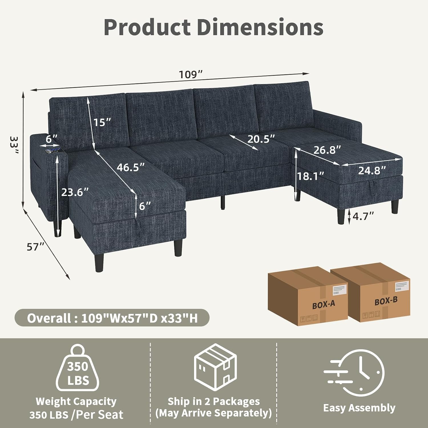 Sectional Couches for Living Room, 6-Seats Soft Linen Fabric Sectional Sofa with Storage Ottoman, Modern Convertible U/L Shaped Couch with Smart Charging Module/LED Light/Music Sync (Blue)