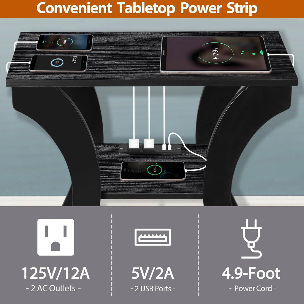 SUPER DEAL End Table Set of 2, Curved Frame Nightstand, Narrow Side Table with Charging Station for Living Room, Bedroom, Small Spaces, 2 USB and 2 Power Outlets, 19.6" W x 11.8" D x 23.4" H, Black