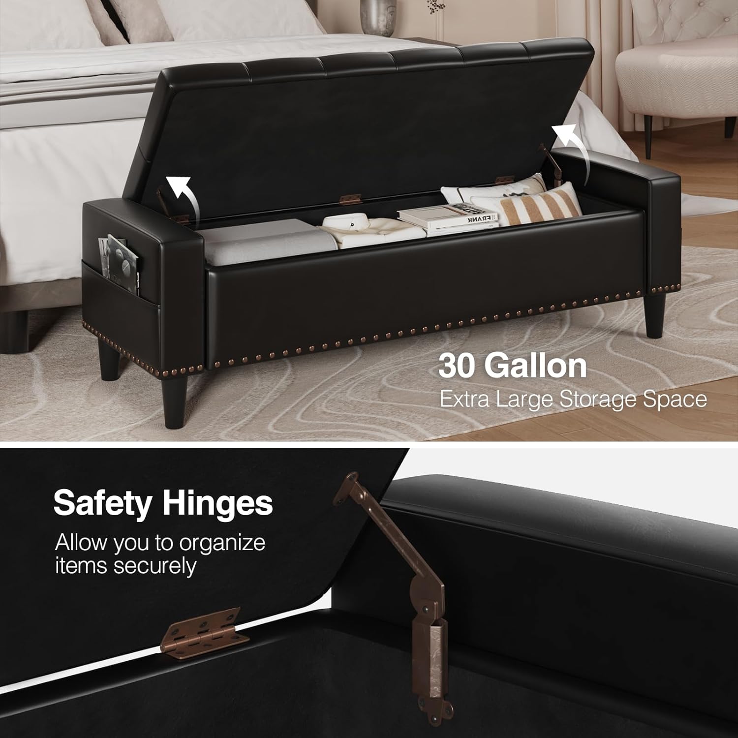 60" Storage Ottoman Bench, Faux Leather Upholstered Bed Bench, Black