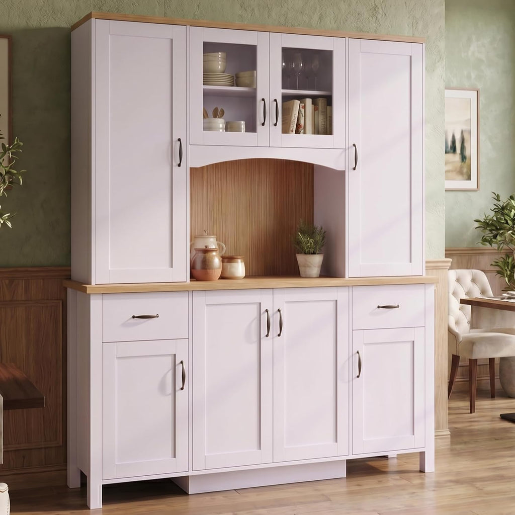 Large Wide Kitchen Pantry Storage Cabinet with Hutch, 79" Tall Farmhouse Pantry Storage Cupboard with Doors and 2 Drawers, Modern Coffee Bar Buffet Sideboard for Dining Room, Light Purple