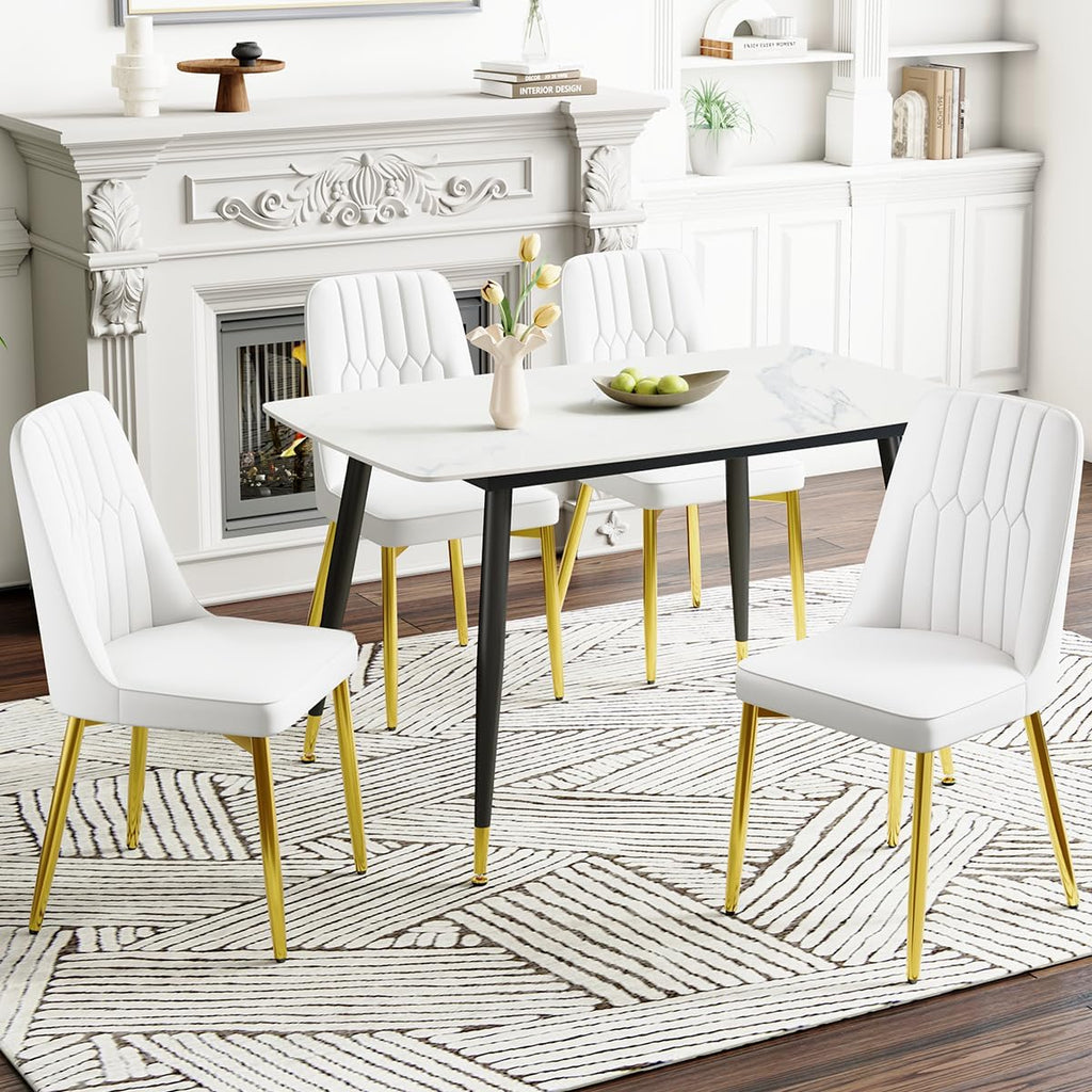Modern Dining Chairs Set of 4,Upholstered Dining Room Chairs,Kitchen Chairs with Soft Backrest & Gold Metal Legs,Armless Dining Chairs for Kitchen Dining Living Room, White