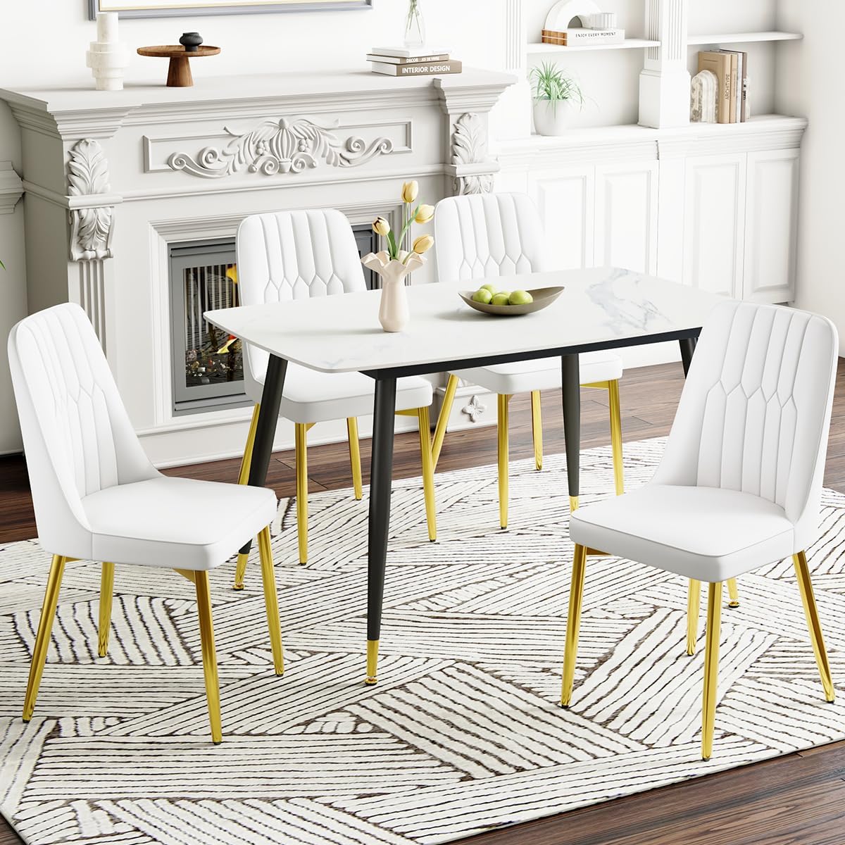 Modern Dining Chairs Set of 4,Upholstered Dining Room Chairs,Kitchen Chairs with Soft Backrest & Gold Metal Legs,Armless Dining Chairs for Kitchen Dining Living Room, White