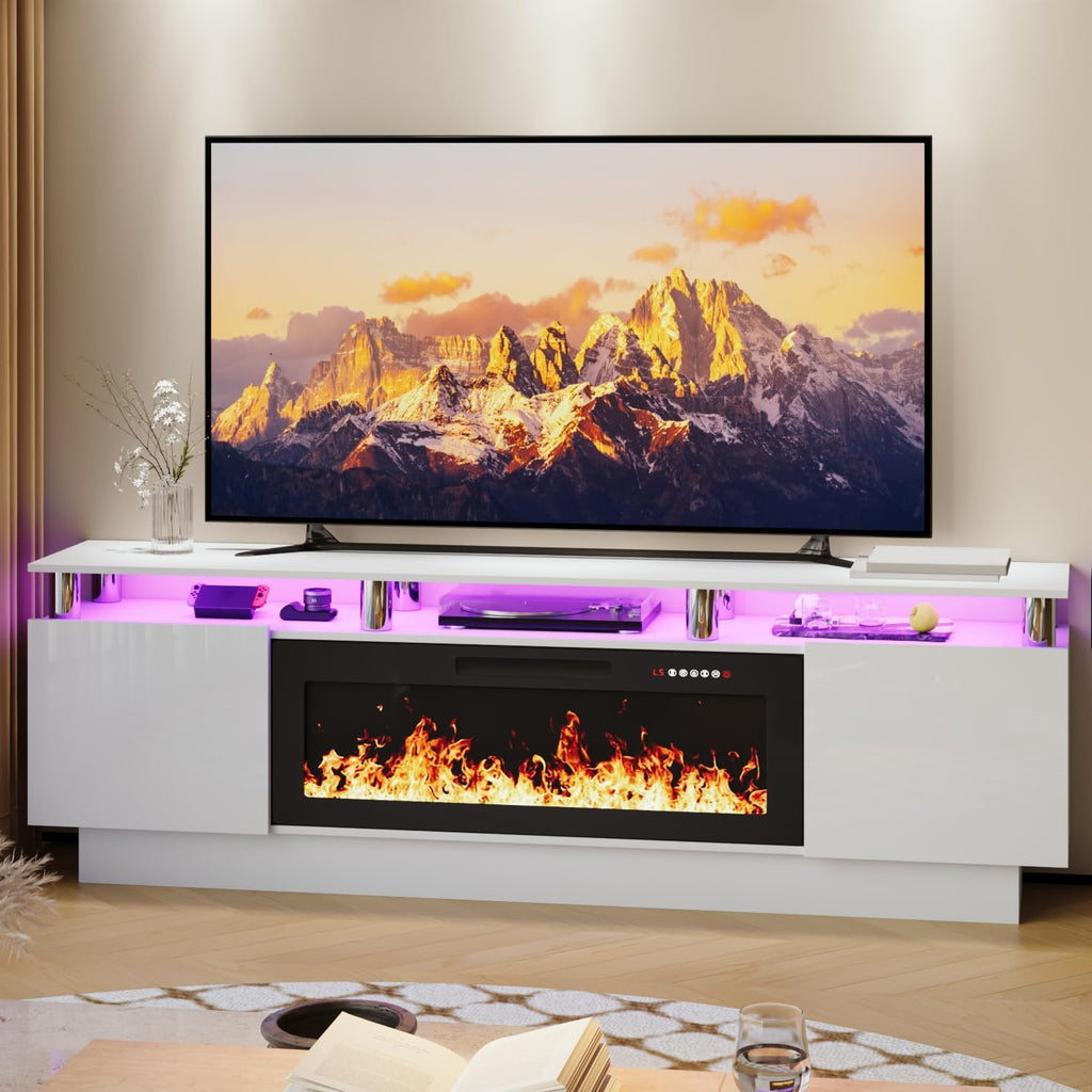 LEMBERI 70" Fireplace TV Stand for TVs up to 80", White | 36" electric fireplace, modern LED entertainment center, high gloss media console with storage cabinet for living room