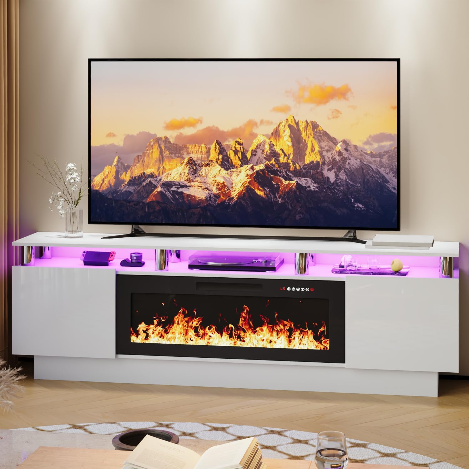 LEMBERI 70" Fireplace TV Stand for TVs up to 80", White | 36" electric fireplace, modern LED entertainment center, high gloss media console with storage cabinet for living room
