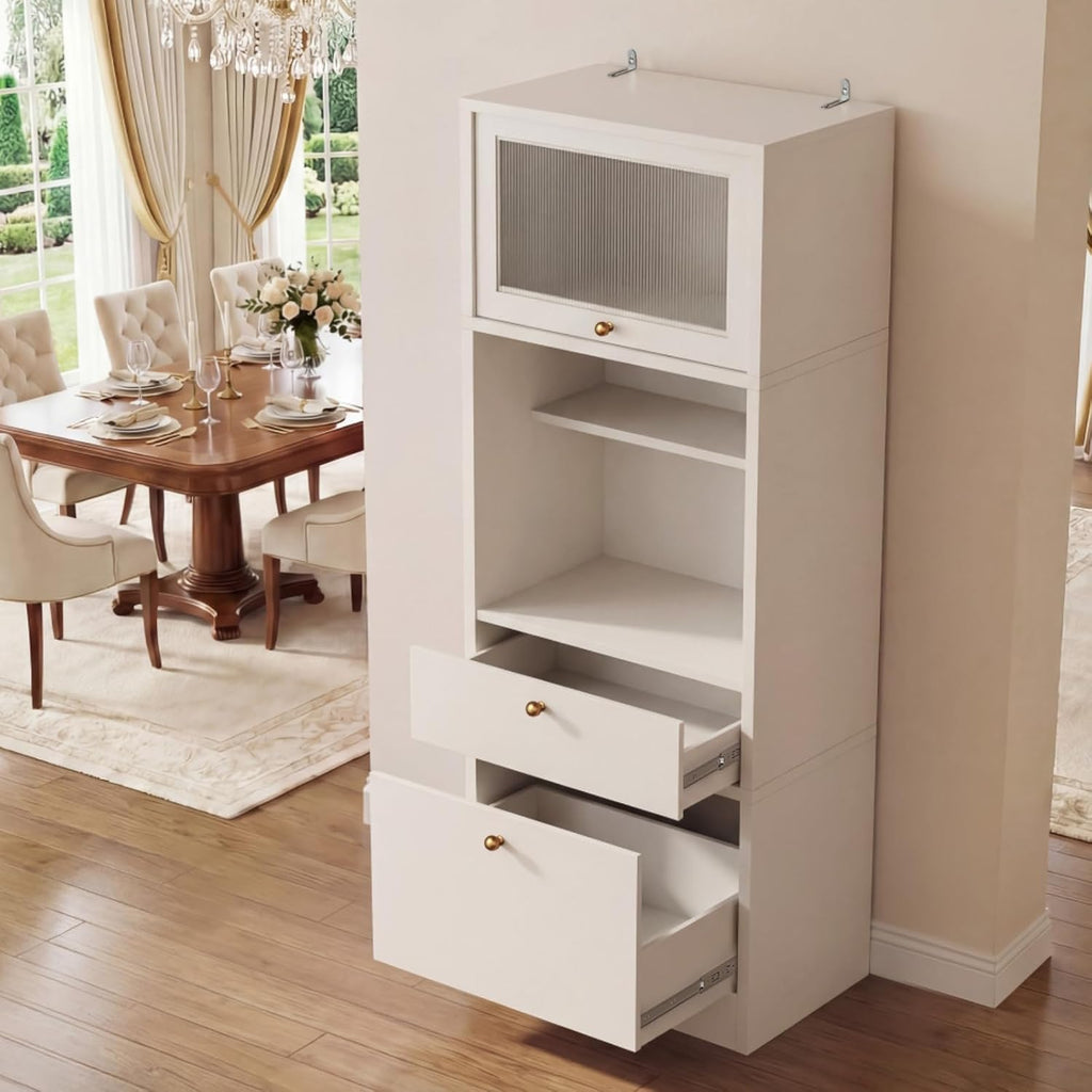 71" Freestanding Kitchen Pantry Cabinet Tall Food Pantries w/Doors&Cabinets for Dining Room, Modern Kitchenware Server Utility Organizer w/Adjustable Shelves,Microwave Stand & Open Countertop for Home
